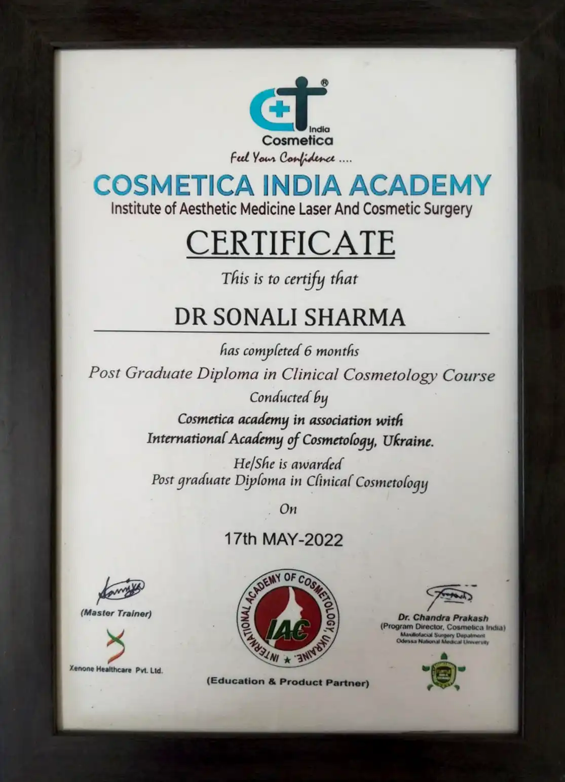 Dr Sonali Sharma Post Graduate Diploma in Clinical Cosmetology certificate