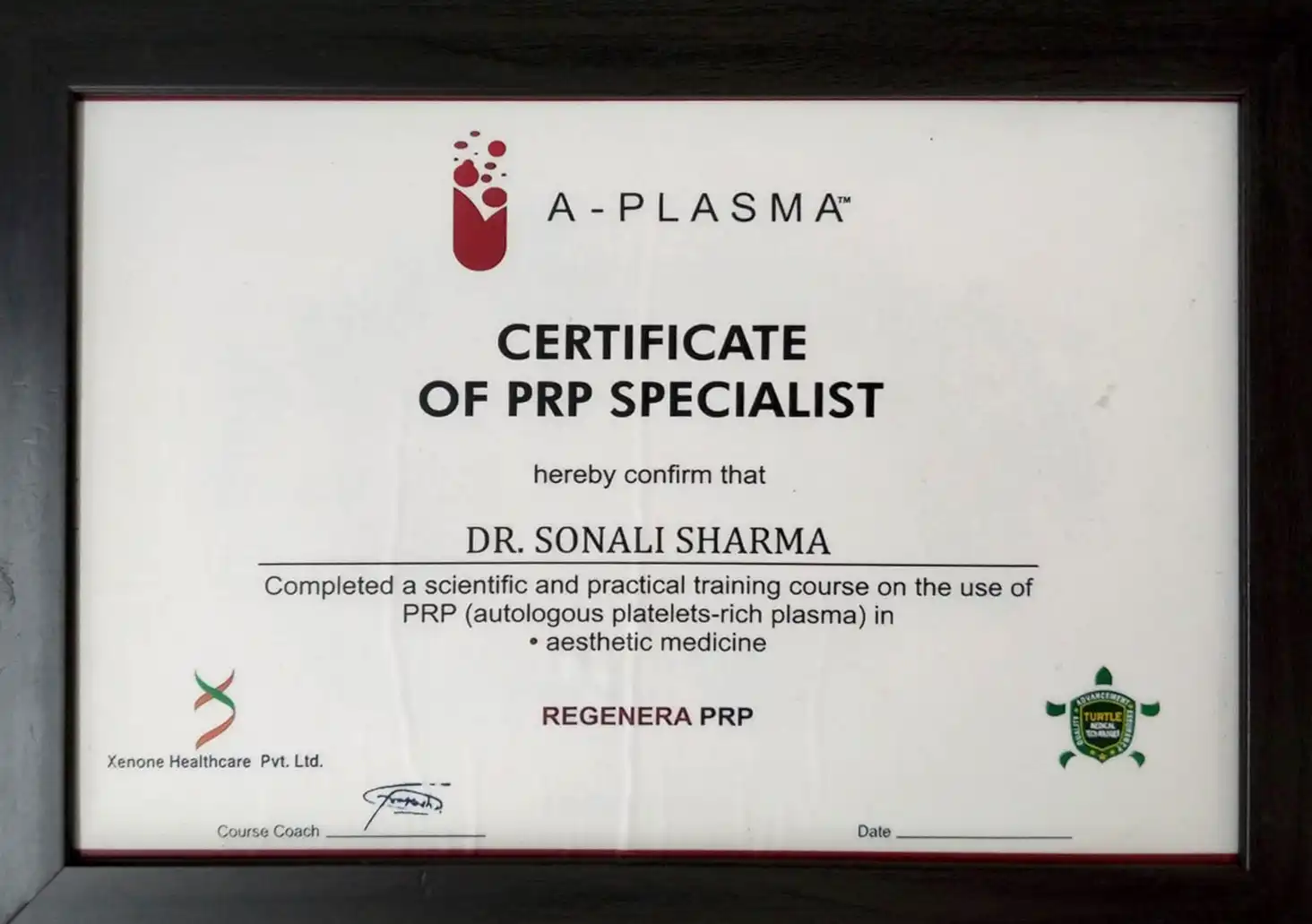 Dr Sonali Skin and Hair Specialist in Noida PRP training certificate